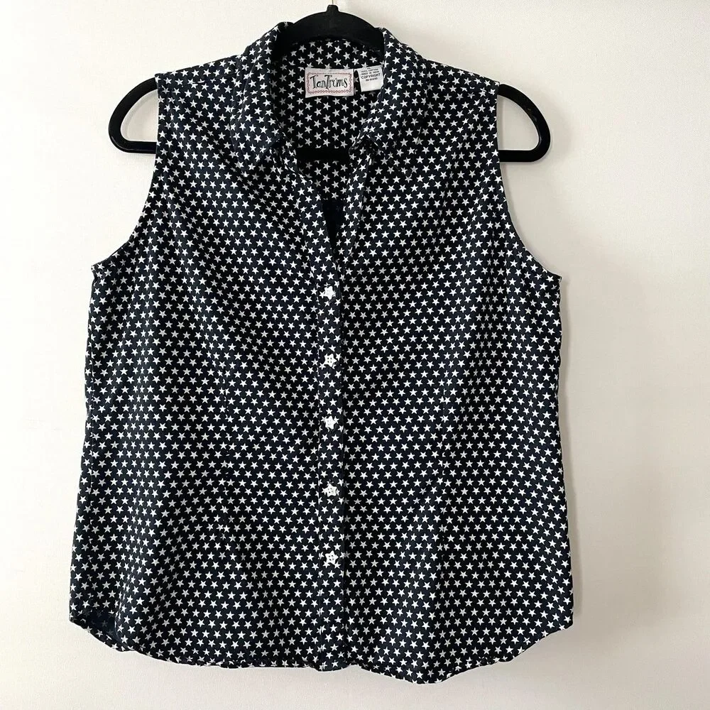 Tantrums Sleeveless Button Front Collared Star Print Cotton Top Size XL